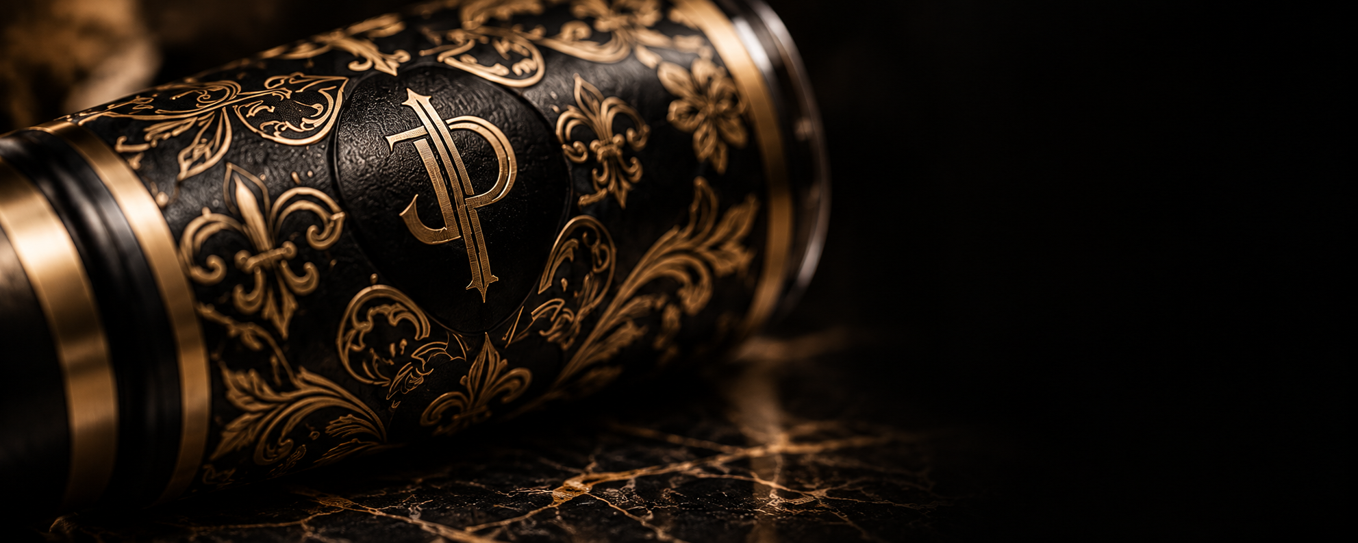 Close-up of original aged-gold engraving cut into a black tumbler